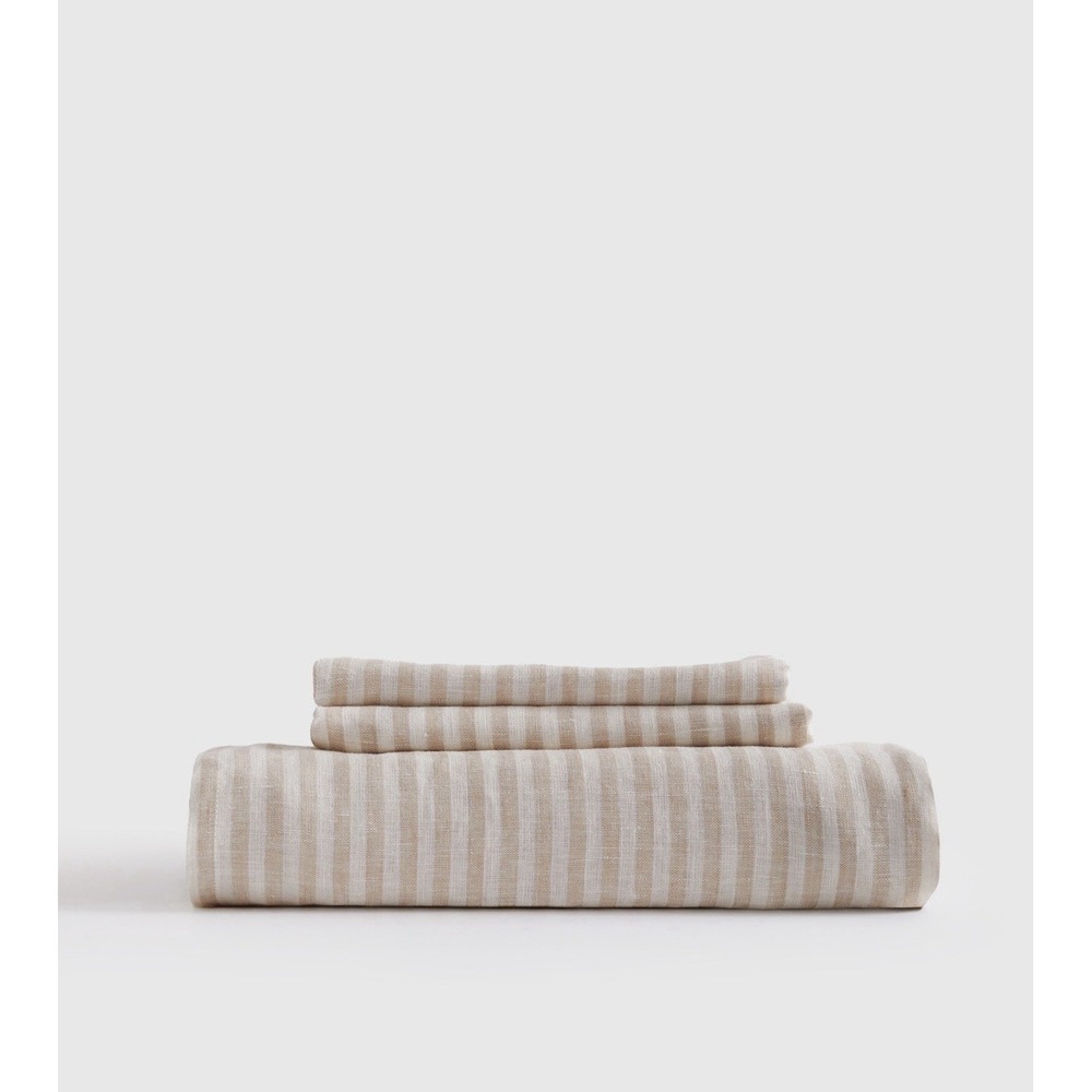 Quince European Linen Fitted Stripe Sheet Set Natural/White Stripe King 3PCS Set